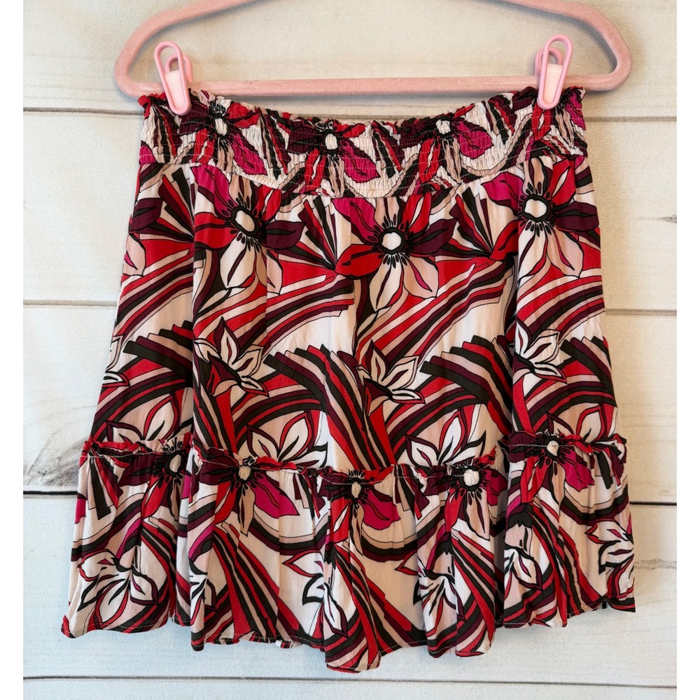 Anthropologie Floral Smocked Tiered Mini Skirt Red Pink Abstract Viscose Size M